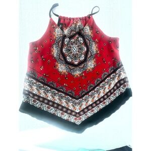 By & By Halter Top Red Medallion Print Sleeveless Blouse Boho Chic Size‎ S